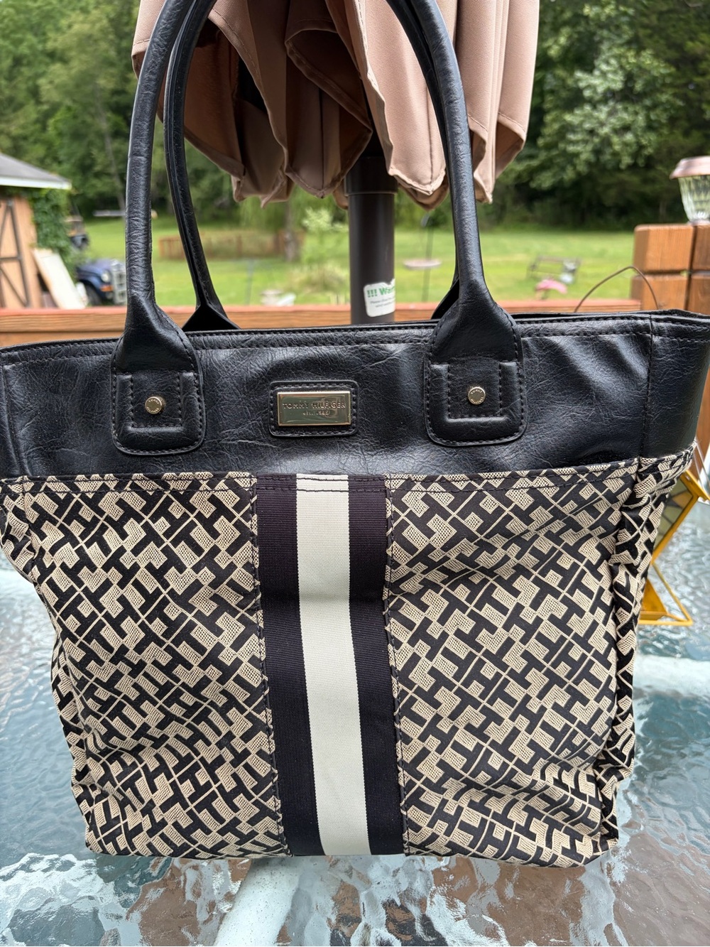 Tommy Hilfiger Black and Beige Patterned Tote with Center Stripe